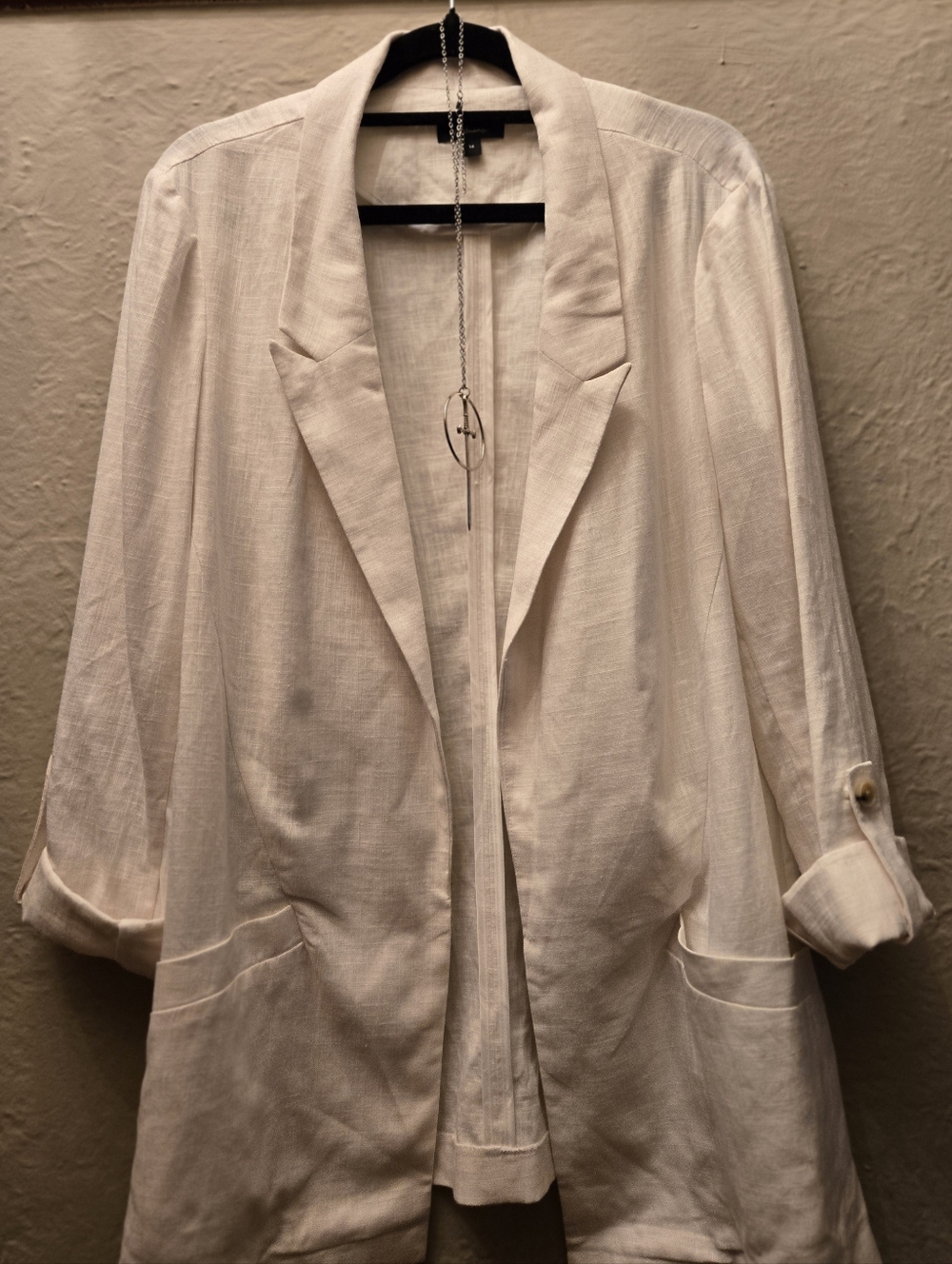 Linen Blend Blazer White Open Front Minimalist Chic Layering Jacket - Picture 4 of 10